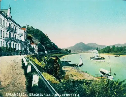 Chromo Foto Rolandseck Remagen am Rhein, Panorama mit Drachenfels, Nonnenwerth