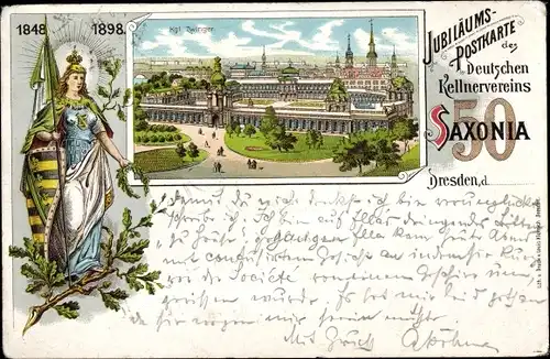 Litho Dresden Zentrum Altstadt, 50 Jahrfeier Deutscher Kellnerverein Saxonia 1898