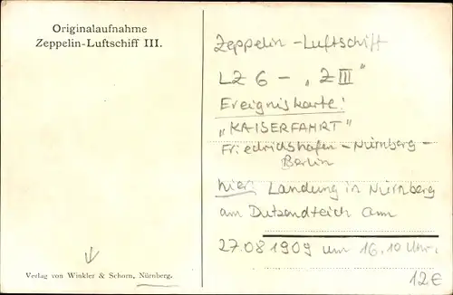 Ak Zeppelin Luftschiff III in der Luft, LZ 6, Kaiserfahrt, Landung in Nürnberg 1909