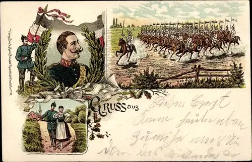 Litho Kaiser Wilhelm II., Manöver, Soldat mit geliebter Frau, Fahne