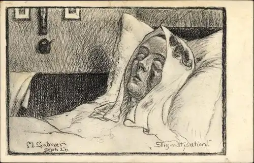 Künstler Ak Lindner, M., Stigmatisation, Schlafende Frau im Bett, Wunden