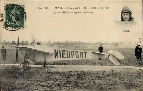 Ak Grande Semaine d'Aviation, Souvenir, le pilote Niel sur appareil Nieuport, Pilot, Flugzeug