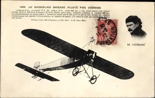Ak Monoplan Morane, pilote par Vedrines, Flugzeug, Flugpionier