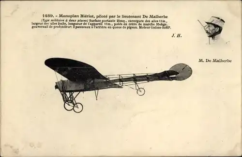 Ak Monoplan Bleriot, pilote par le lieutenant De Malherbe, Flugzeug, Flugpionier