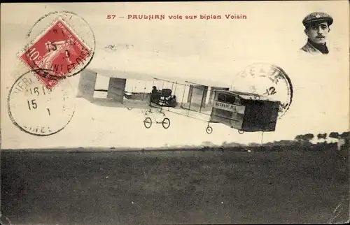 Ak Paulhan vole sur biplan Voisin, Aéroplan, Aviateur