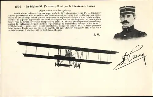 Ak Le Biplan M. Farman pilote par le Lieutenant Lucca, Flugpionier