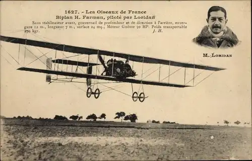 Ak Les Oiseaux de France, Biplan H. Farman, pilote par Loridan, Flugpionier