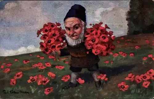 Künstler Ak Lothar-Müller, P., Gratulant, Zwerg mit Blumen, Blumenwiese