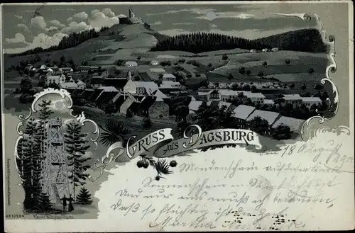 Mondschein Litho Dagsburg Dabo Lothringen Moselle, Totalansicht, Kaiser-Wilhelm-Turm