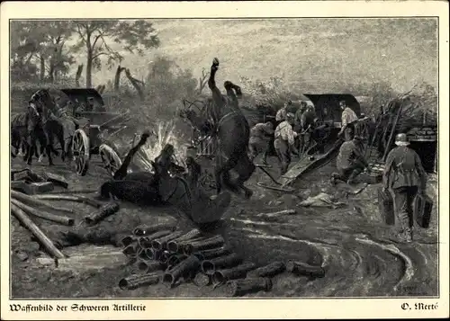 Künstler Ak Merte, O., Waffenbild der Schweren Artillerie, Schlachtfeld