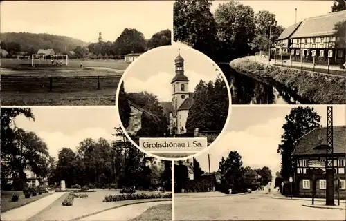 Ak Großschönau in Sachsen, Kirche, Sportplatz, Straßenpartie