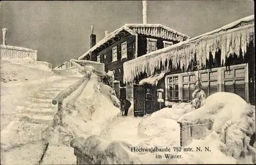 Ak Oybin in Sachsen, Hochwaldbaude im Winter, Frost, Bergrestaurant, Rodelbahn