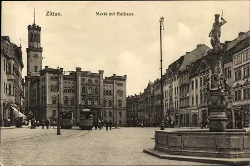 Ak Zittau in der Oberlausitz, Blick auf den Markt mit Rathaus