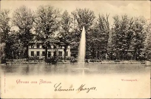 Ak Zittau in der Oberlausitz, Weinaupark, See mit Wasser-Fontäne
