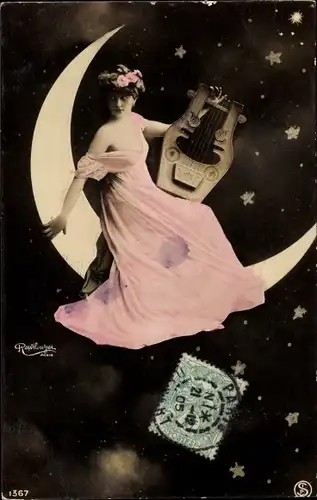 Ak Portrait einer Frau mit Handharfe auf einer Mondsichel, Fotomontage