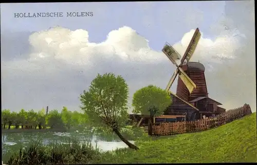 Ak Niederlande, Windmühle am Fluss, Hollandsche Molens