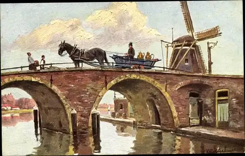Künstler Ak Gerstenhauer, Johann Georg, Windmühle, Kutsche auf einer Brücke