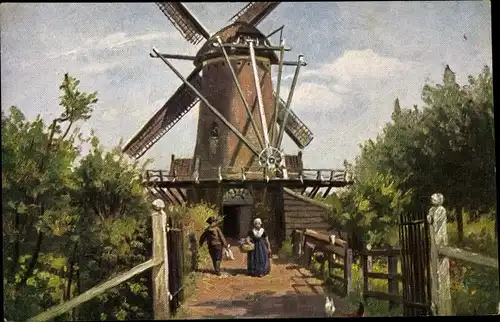 Ak Niederländische Windmühle, Eingang, Bäume, Bauern, Hühner
