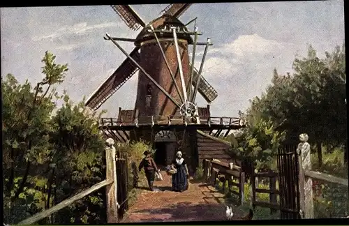 Ak Niederländische Windmühle, Eingang, Bäume, Bauern, Hühner
