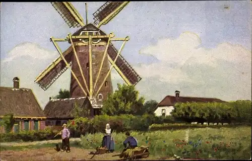 Künstler Ak Gerstenhauer, Niederlande, Männer und Frau in Trachten vor Windmühle