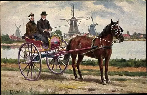 Künstler Ak Gerstenhauer, Pferdekutsche, Windmühlen