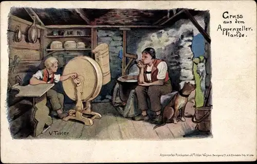 Künstler Litho Tabler, V., Appenzellerlande, Wohnstube, Kessel, Hund, Schleifer