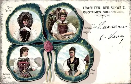 Kleeblatt Litho Trachten der Schweiz, Costumes Suisses, Luzern, Uri, Zürich, Bern