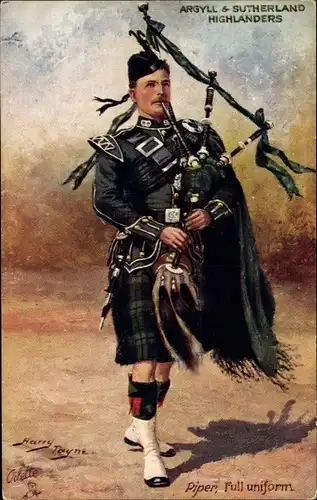 Künstler Ak Payne,Argyll and Sutherland Highlanders,Piper, full uniform, Schotte mit Dudelsack, Kilt