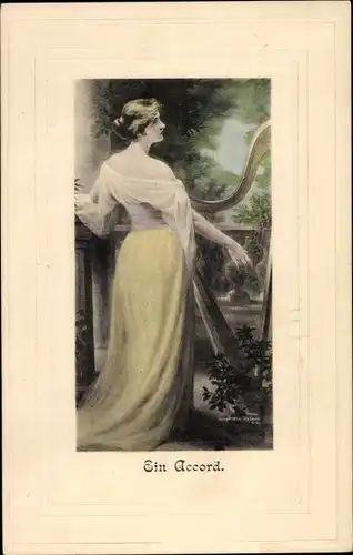 Präge Litho Ein Accord, Frau mit Musikinstrument, Portrait, Harfe