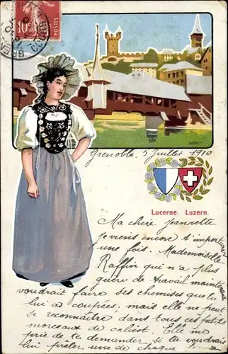 Wappen Ak Luzern Stadt Schweiz, Stadtbild, Frau in Luzerner Tracht