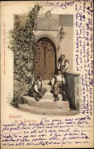 Ak Gruyère Kt. Freiburg, Kinder vor einer Tür auf einer Treppe sitzend