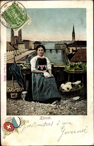 Ak Zürich Stadt Schweiz, Frau in schweizerischer Tracht, Blick auf die Stadt, Brücke