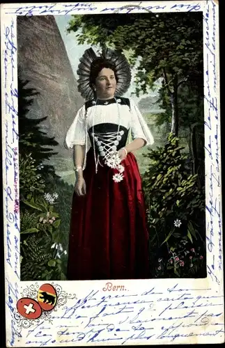 Ak Kanton Bern, Junge Frau in schweizerischer Tracht, Wappen