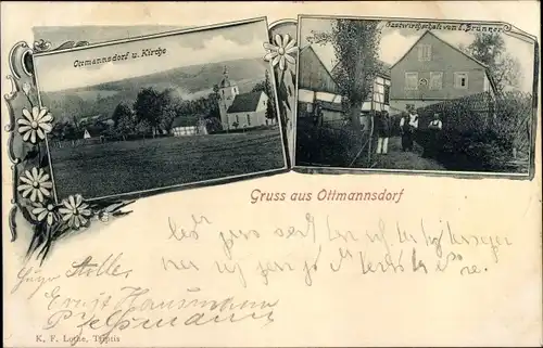 Ak Ottmannsdorf Triptis in Thüringen, Gastwirtschaft, Blick auf den Ort mit Kirche