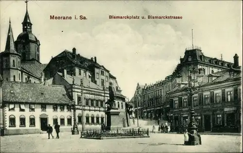 Ak Meerane in Sachsen, Bismarckplatz, Bismarckdenkmal, Bismarckstraße