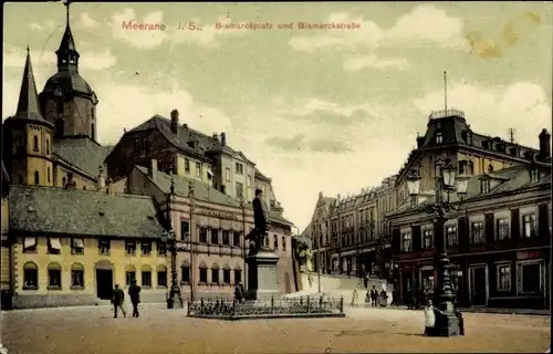 Ak Meerane in Sachsen, Bismarckplatz, Bismarckdenkmal, Bismarckstraße