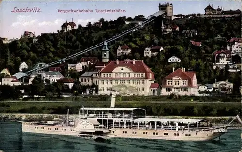 Ak Dresden Loschwitz, Bergschwebebahn, Loschwitzhöhe, Raddampfer