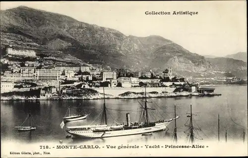 Ak Monte Carlo Monaco, Vue generale, Yacht Princesse Allee