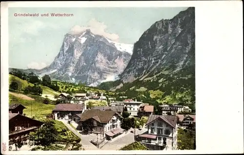 Ak Grindelwald Kt. Bern, Ortschaft mit dem Wetterhorn