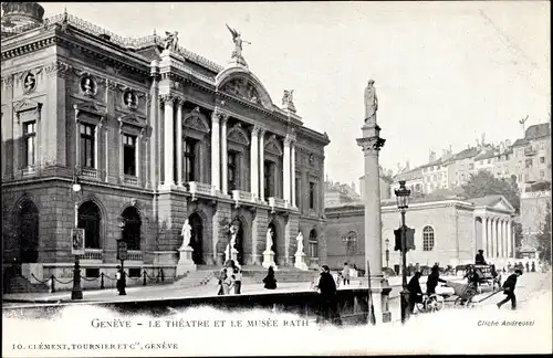 Ak Genève Genf Stadt Schweiz, Le Theatre et le Musee Rath, Kutsche, Statue