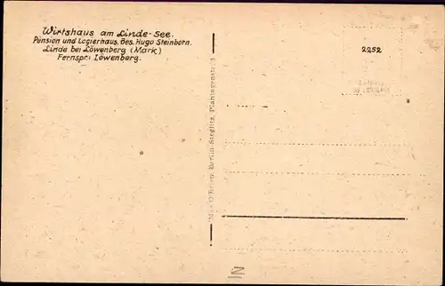 Ak Linde in der Mark Löwenberger Land, Wirtshaus am Linde-See, Inh. Hugo Steinborn