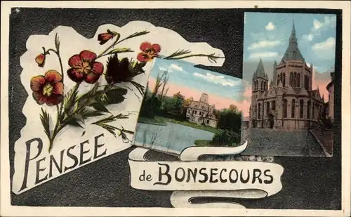 Ak Bon Secours Bonsecours Péruwelz Hennegau, Kirche, Schloss, Blumen