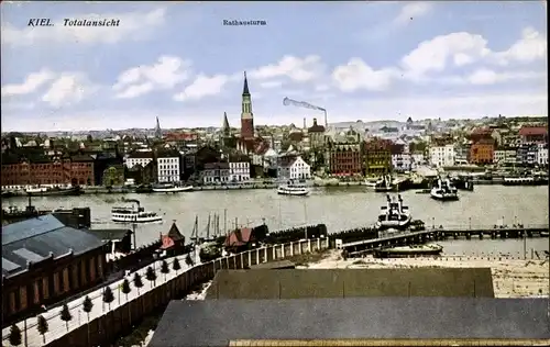 Ak Kiel, Totalansicht, Rathausturm