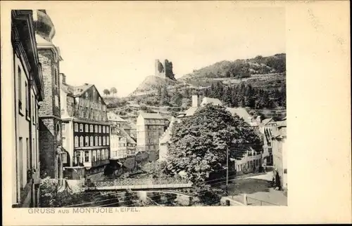 Ak Monschau Montjoie in der Eifel, Ortsansicht mit Ruine und Brücke