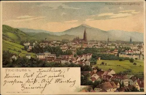 Litho Freiburg im Breisgau, Totalansicht vom Jägerhaus aus