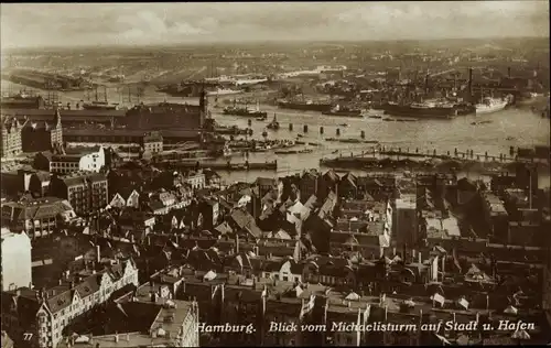 Ak Hamburg Mitte Altstadt, Blick vom Michaelisturm auf Stadt und Hafen