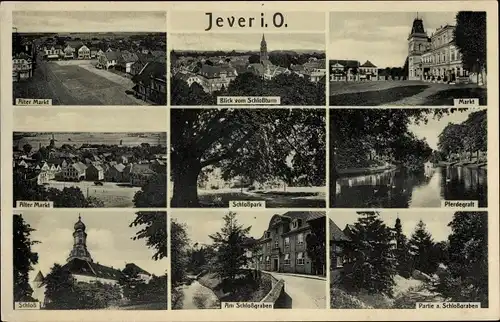 Ak Jever in Oldenburg Friesland, Markt, Gesamtansicht, Schloss, Pferdegraft, Schlossgraben, Park