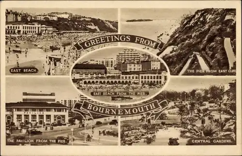 Ak Bournemouth Dorset England, East Beach, The Pier from East Cliff, The Pavillon from the Pier