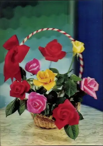 3 D Ak Roses in Basket, Korb mit gelben, roten, rosa Rosen