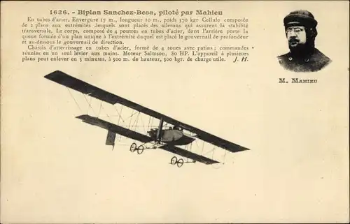 Ak Biplan Sanchez Besa, pilote par Mahieu, Doppeldecker, Flugpionier